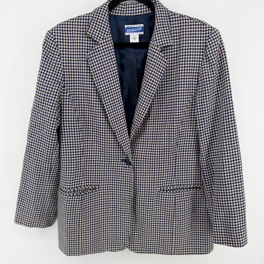 Pendleton Blazer Womens 10 USA Wool‎ Mini Check Navy Cream Plaid Lined Jacket
